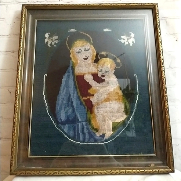 ANTIQUE  Framed Needlepoint Blonde Mother Mary & Baby  Jesus in wood frame 17x14 - Picture 1 of 9